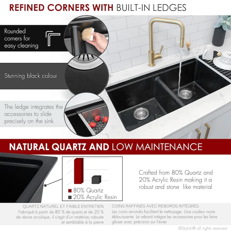 Dual mount 33 inch Black Composite Granite Double Bowl Workstation Kitchen Sink