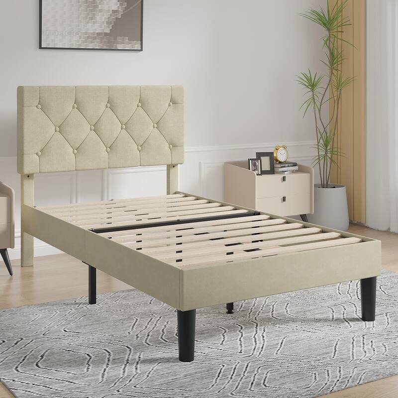 VECELO Tufted Upholstered Linen Bed Platform Bed Frame with Upholstered Headboard, Button Tufted Design