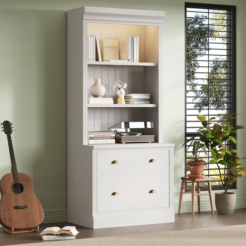 Versatile Tall Bookshelf with LED Lighting and Multiple Storage Options for Home - White - Letter