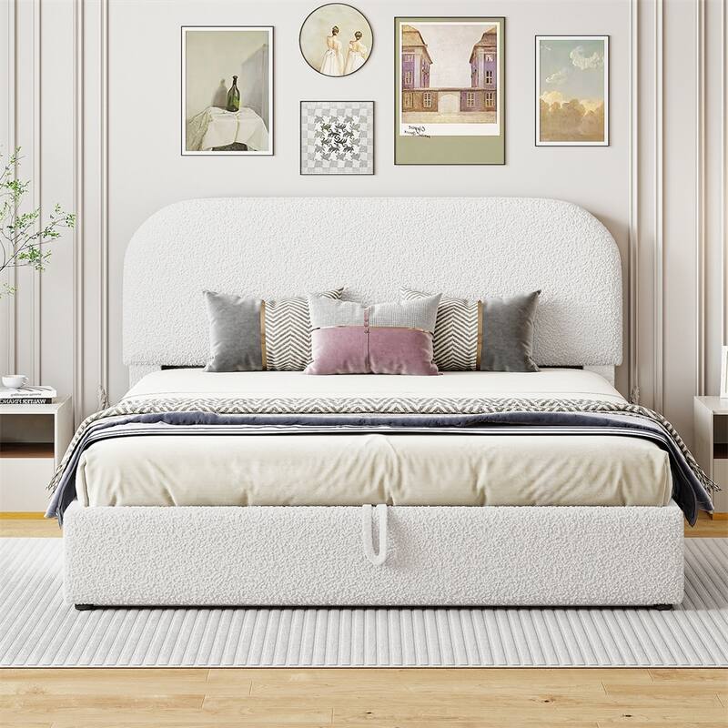 Queen Size Upholstered Platform Bed with Hydraulic Storage System - White