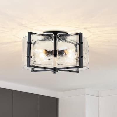 Modern Entryway 4-Light Handmade Glass Drum Semi Flush Mount - Matte Black - 16.7in
