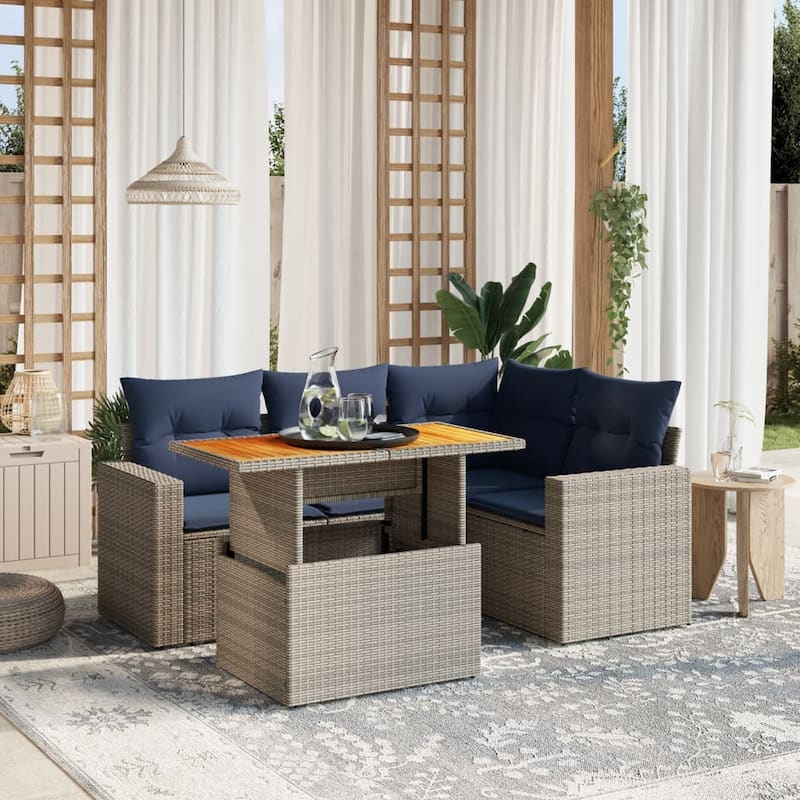 vidaXL Patio Sofa Set with Cushions Outdoor Furniture 5 Piece Poly Rattan - Gray - 24.4" x 24.4" x 27.2"