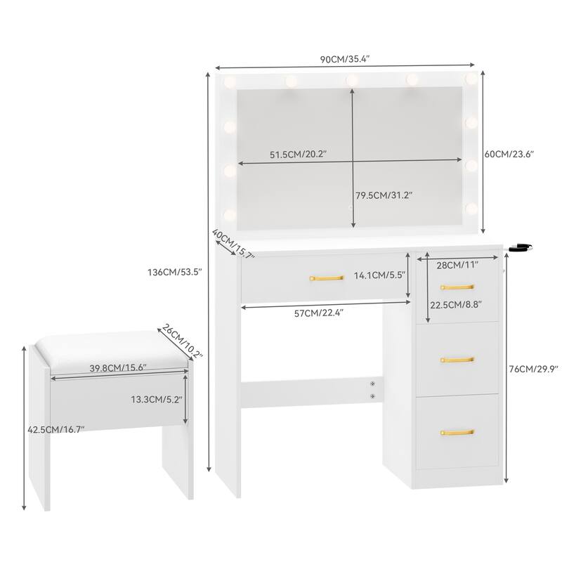 35.4" Mirror Makeup Vanity Table with Stool and Light Bulb - 35.4''L x 15.7''W x 53.5''H