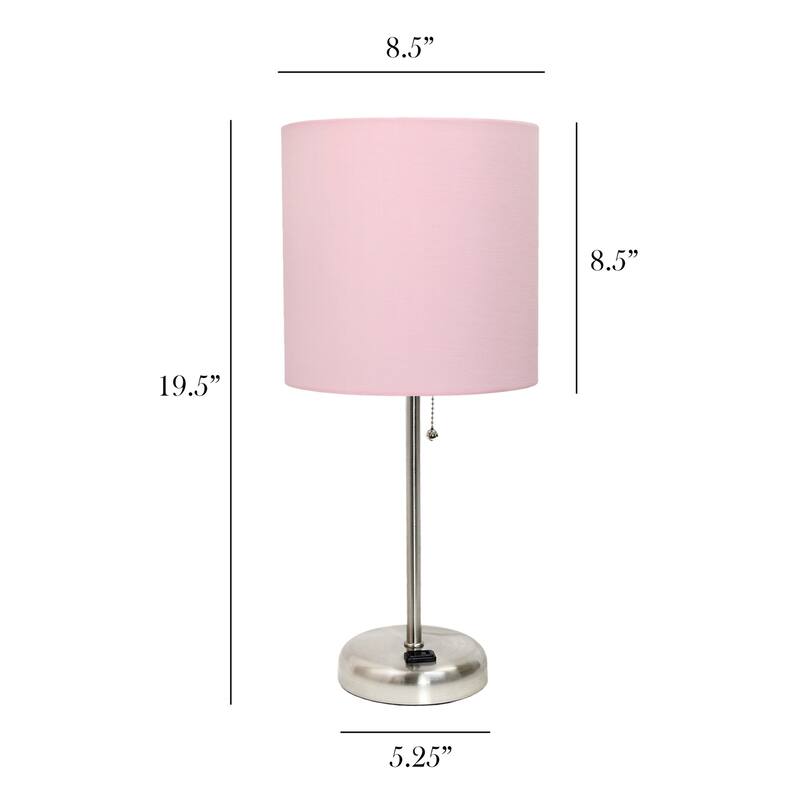 19.5 in. Brushed Steel Finish Table Lamp with Pink Shade, Sturdy Table Lamp for Living Rooms and Bedrooms
