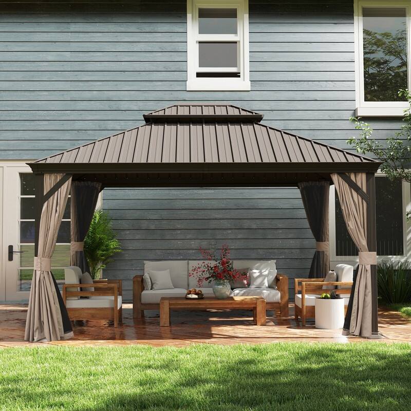 Domi Hardtop Gazebo with Galvanized Steel Double Roof and Aluminum Frame - 12'x14' - Dark Brown
