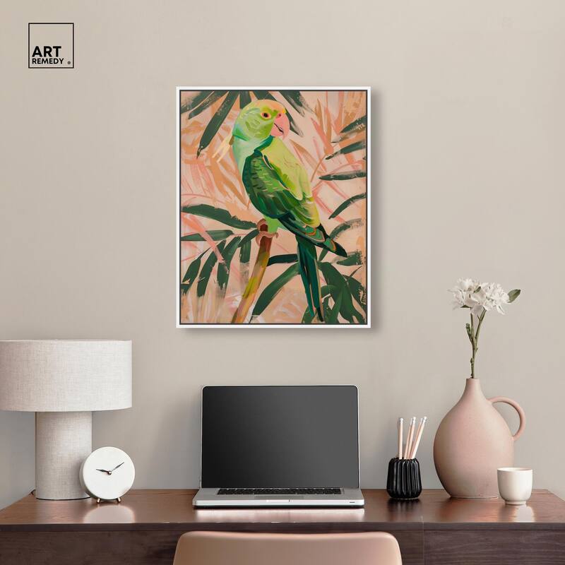 Coral and Green Parrot Canvas by Art Remedy
