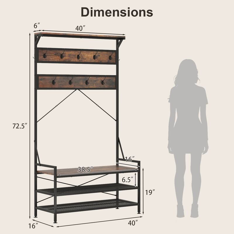 Rustic Brown 4-in-1 Hall Tree with Shoe Bench Coat Hooks Top Shelf and Metal Frame for Entryway Use - 40" x 16" x 72.5"