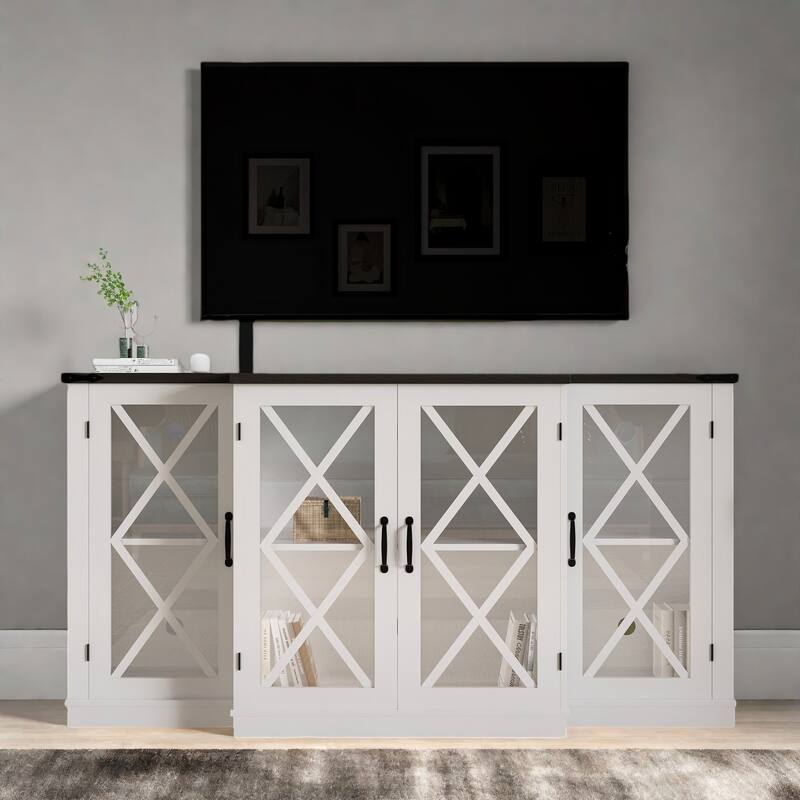 62.99" TV Stand with X-Design Barn Doors with 4 Storage Cabinets and Cable Management - White