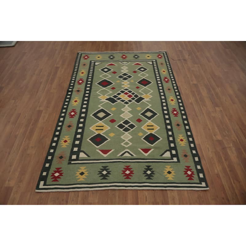 Hand Woven Oriental 100% Wool Carpet Southwestern Tribal Green Kilim Area Rug - 8' 1'' X 4' 10''