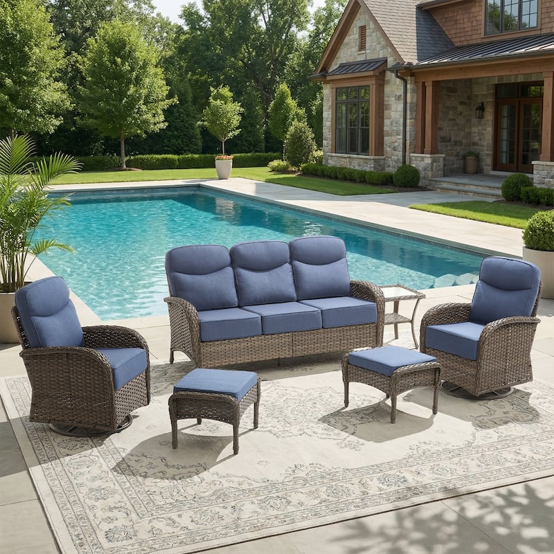 Pocassy Outdoor Wicker Patio Sofa with Swivel Chair and Ottomans - Brown Wicker Blue Cushion - 6-Piece Sofa Swivel Chiar with Ottoman