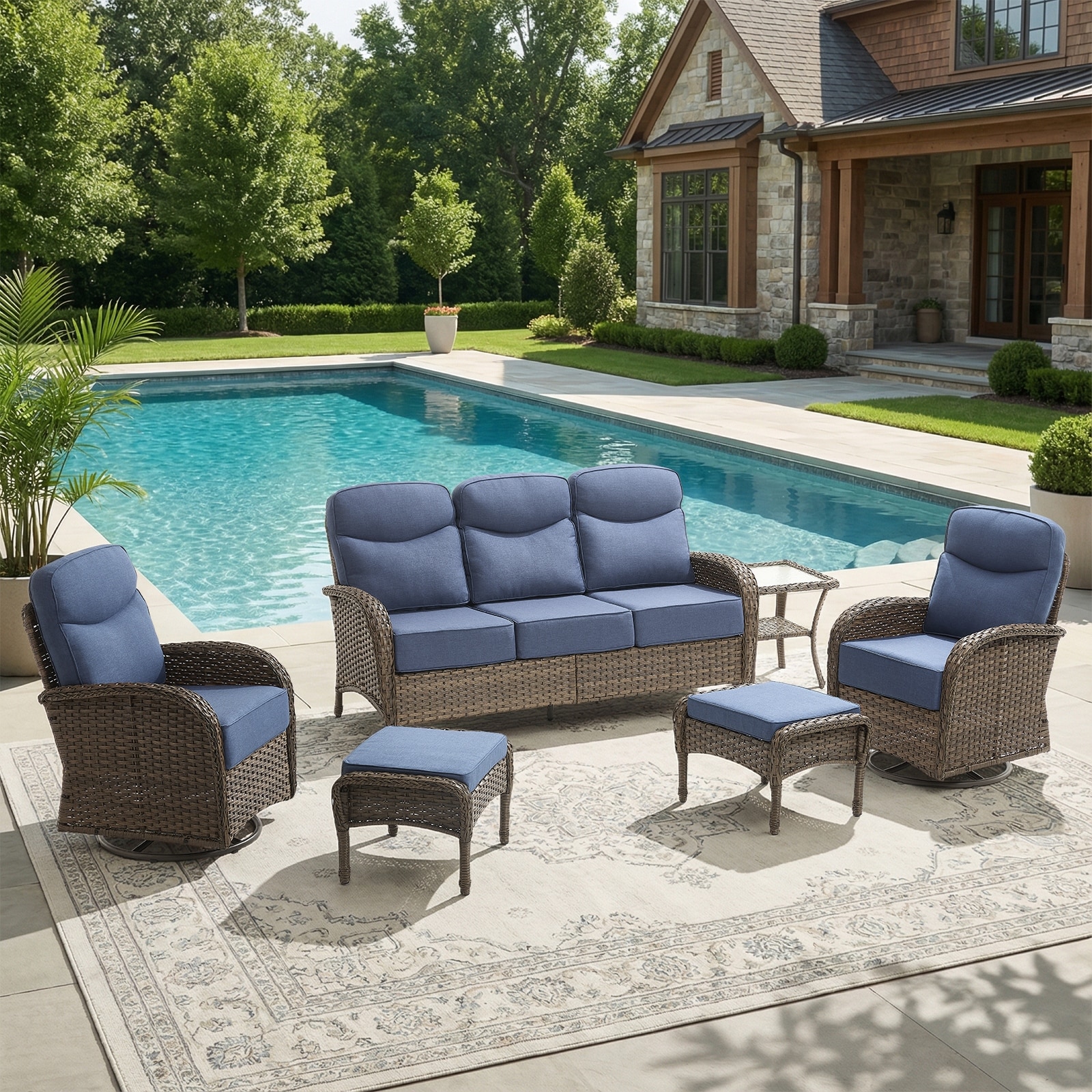 Pocassy Outdoor Wicker Patio Sofa with Swivel Chair and Ottomans
