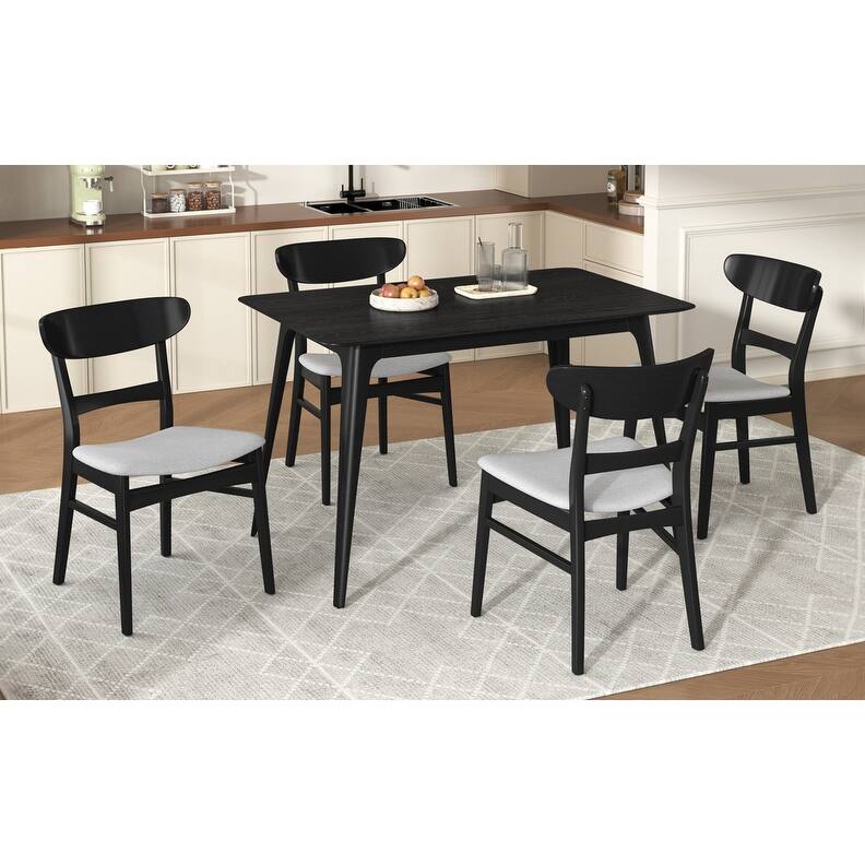 Mid-Century Modern 5-Piece Dining Set - Rubberwood & Upholstered Chairs