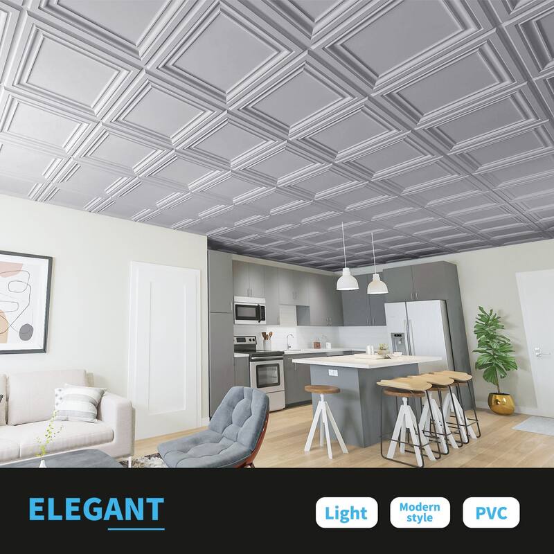 Art3d 2x2 ft. PVC Ceiling Tiles,Glue Up Wall Paneling in Argent Silver,48sqft