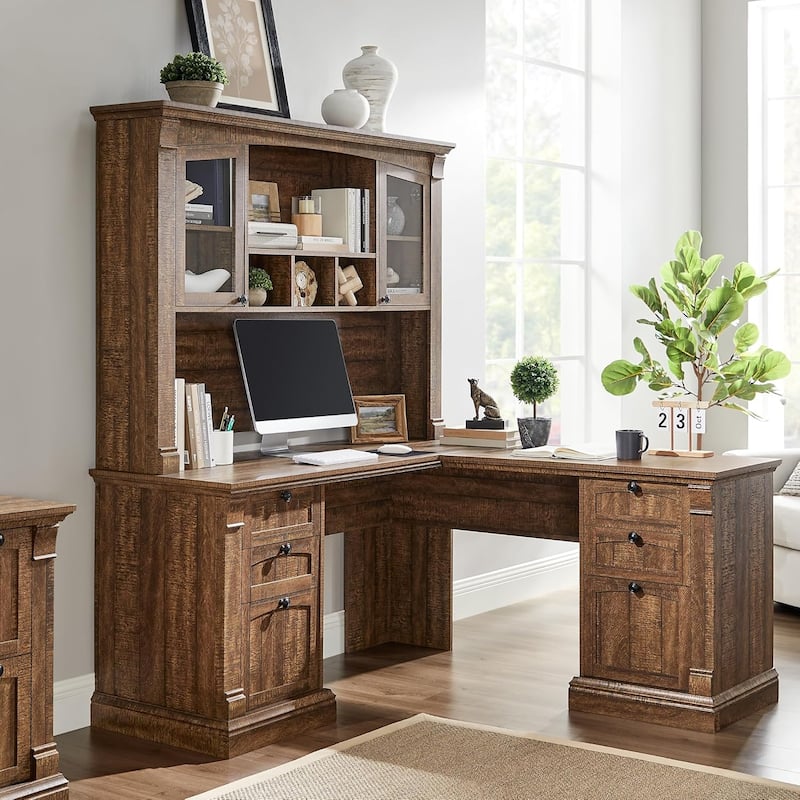 Farmhouse Computer Desk with Hutch, Wood Home Office Desk