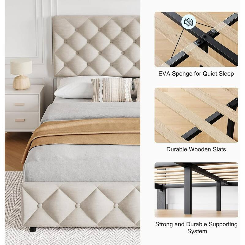 Garvee Bed Frame with 4 Storage Drawers and Headboard, Linen Upholstered Platform Bed Frame