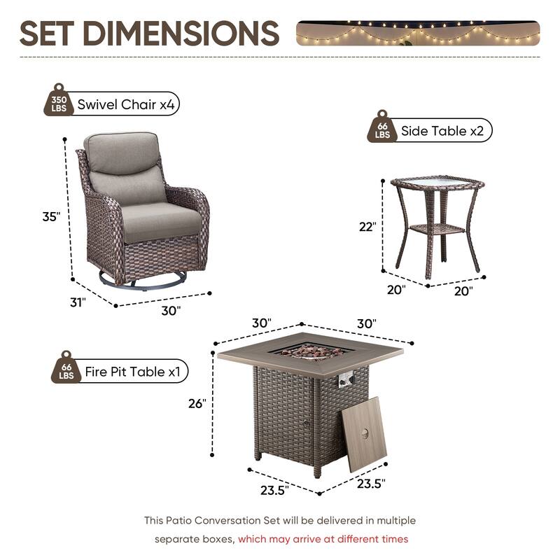 Pocassy Outdoor Propane Fire Pit Table with Sofa Swivel Chair Funiture Set.
