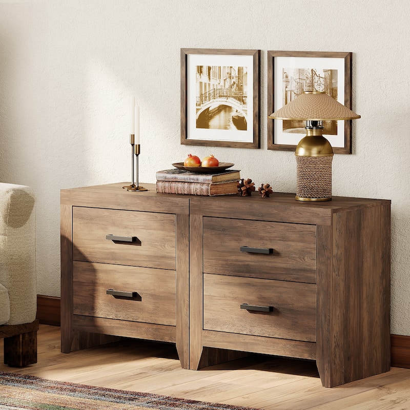 WAMPAT Farmhouse End Table with 2 Storage Drawers - Rustic Brown Accent Table for Bedroom & Living Room