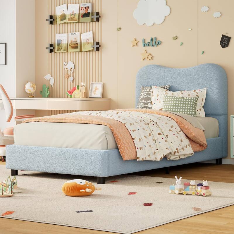 Kids Upholstered Platform Bed, Soft Boucle Fabric with Low Profile Frame & Wood Slats, Boys/Girls Bedroom - Twin - Blue