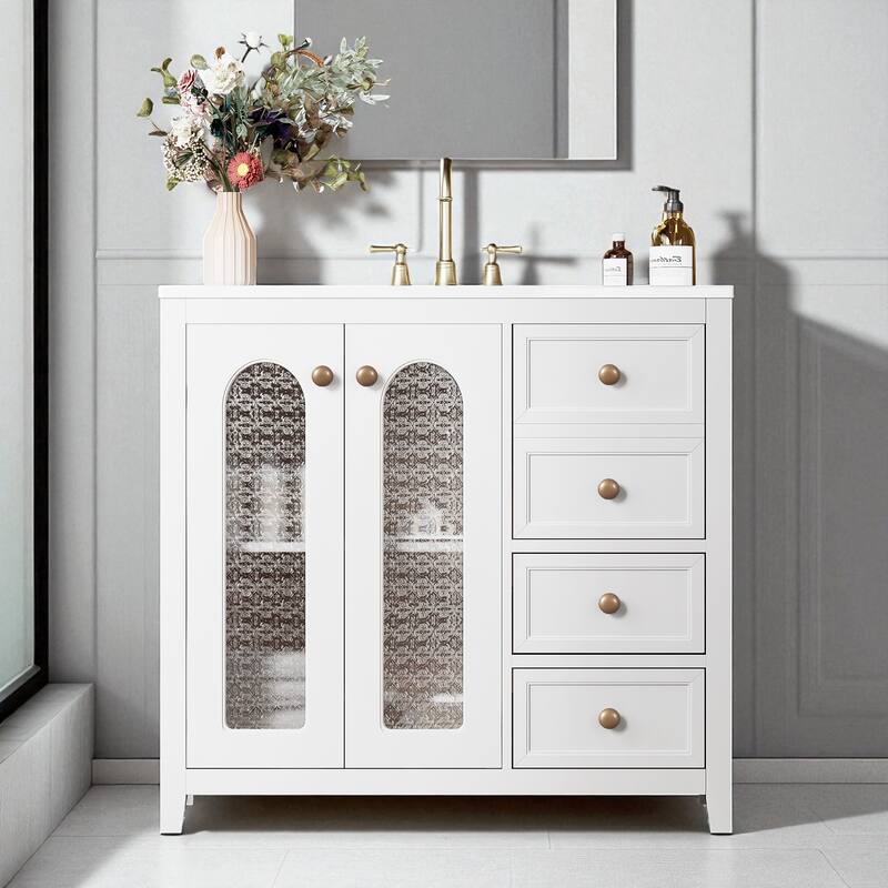 36" Bathroom Vanity with Ceramic Sink, Soft-Close Doors & Adjustable Shelves, Three Drawers for Storage - White