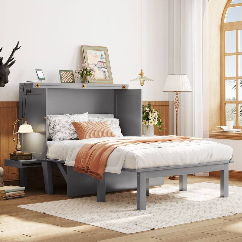 Full Size Murphy Bed Cabinet Bed with USB Port and Removable Shelves on Each Side, Two Movable Desks - Gray