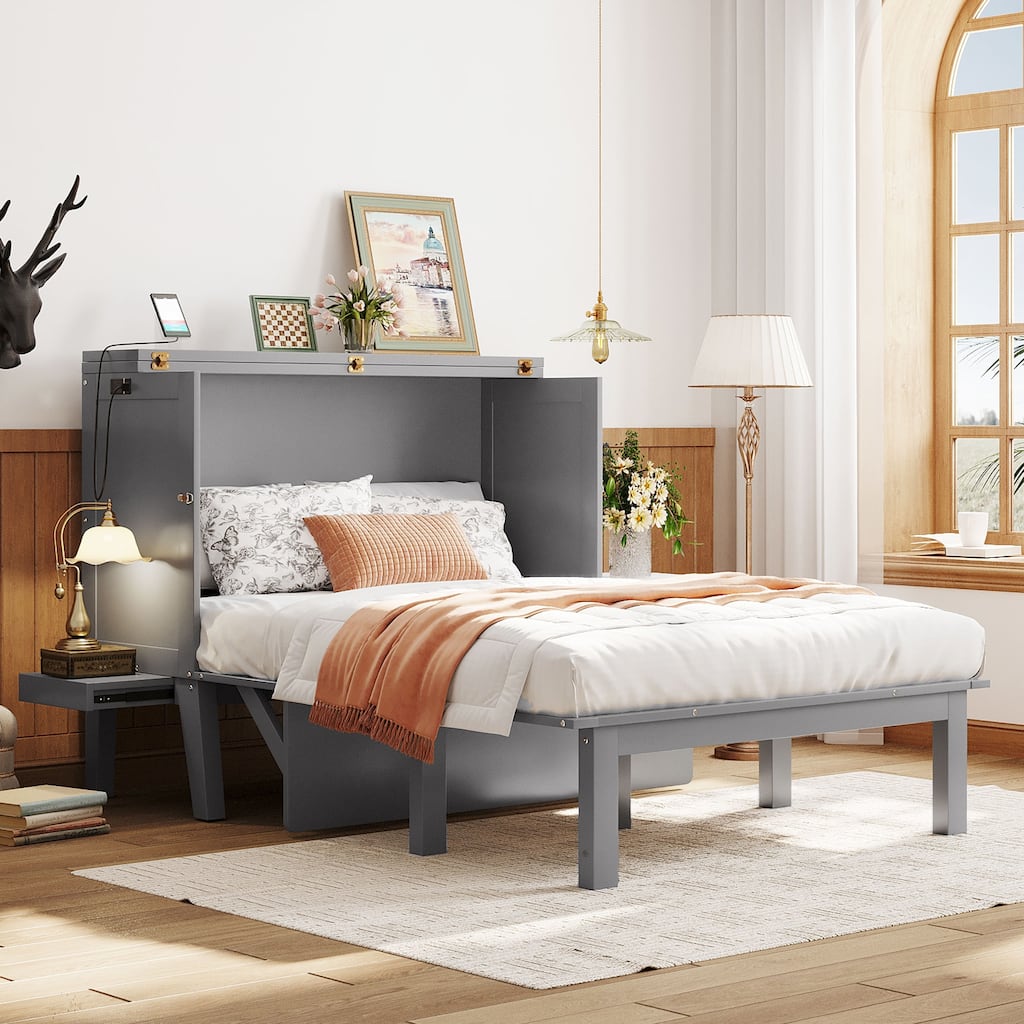 Full Size Murphy Bed with USB Port, Removable Shelves, and Space-Saving Design