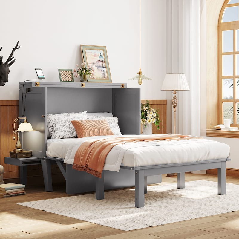 Full Size Murphy Bed with USB Port, Removable Shelves, and Space-Saving Design - Gray