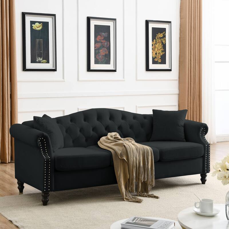3+3 Combination Velvet Sofa Set, Two 3-Seater Chesterfield Couches with Rolled Arms and Nailhead Detail