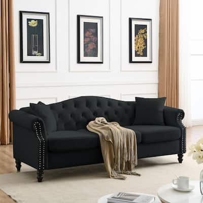 Classic Chesterfield 3-Seater Velvet Sofa with Nailhead Trim and Two Pillows, Ideal for Living Room, Bedroom, or Apartment