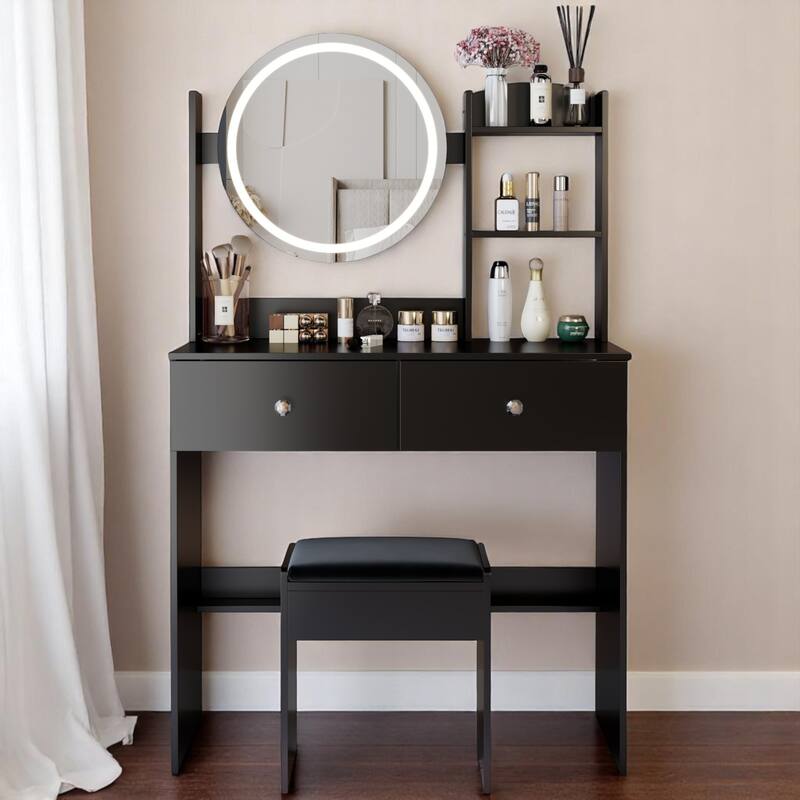 KISRAIS 31.5" Fashion Vanity Desk with Mirror and Lights, 3 Color Lighting Brightness Adjustable