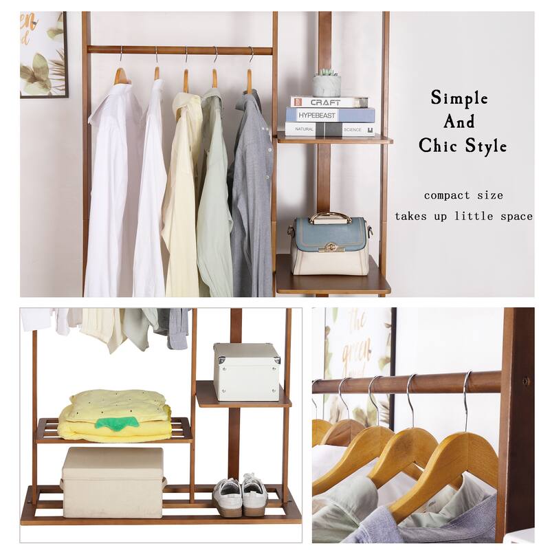 Bamboo Wooden Garment Rack Freestanding Closet Organizers - 39.8x16.1x67.3 inch
