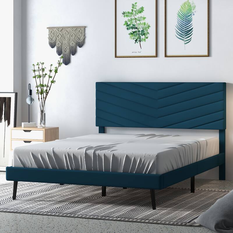 Platform Bed Frame with Adjustable Headboard, Velvet Upholstered