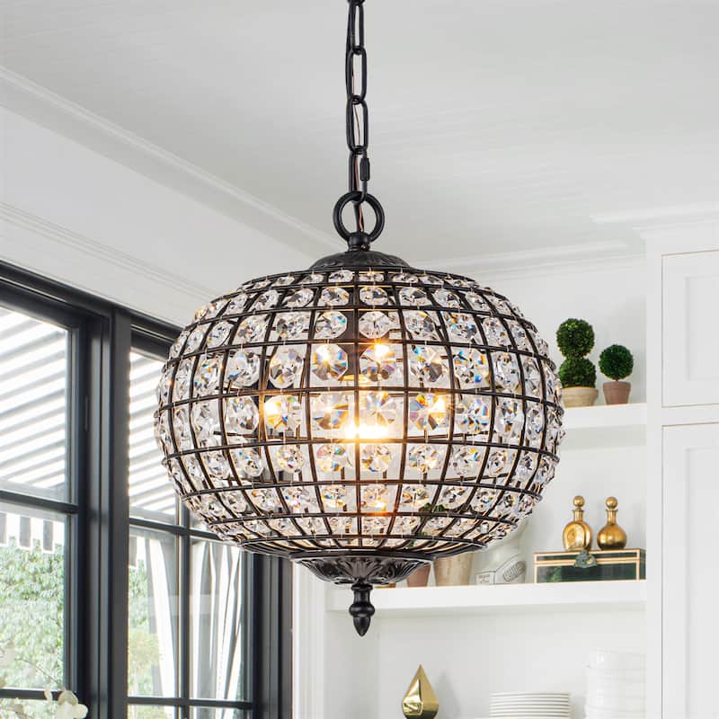 Retro French 4/5-Light Antique Brass Globe Crystal Chandelier for Living/Dining Room - 1-Light W11.8" × H18.1" - Black