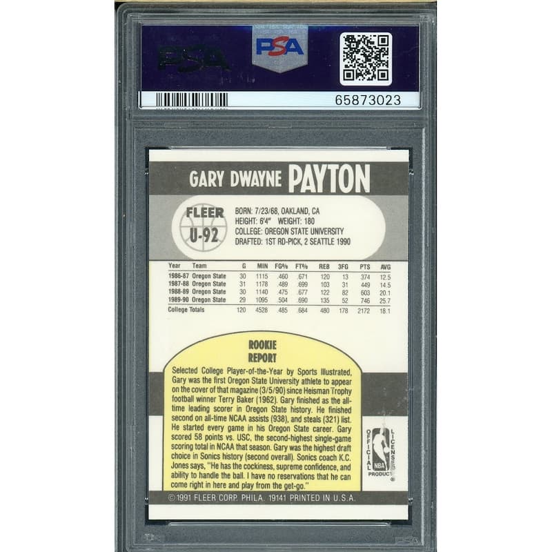 Gary Payton 1990 Fleer Update Signed Rookie Card #U-92 NM MT 8 Auto PSA 10 - 8'6" x 11'6"