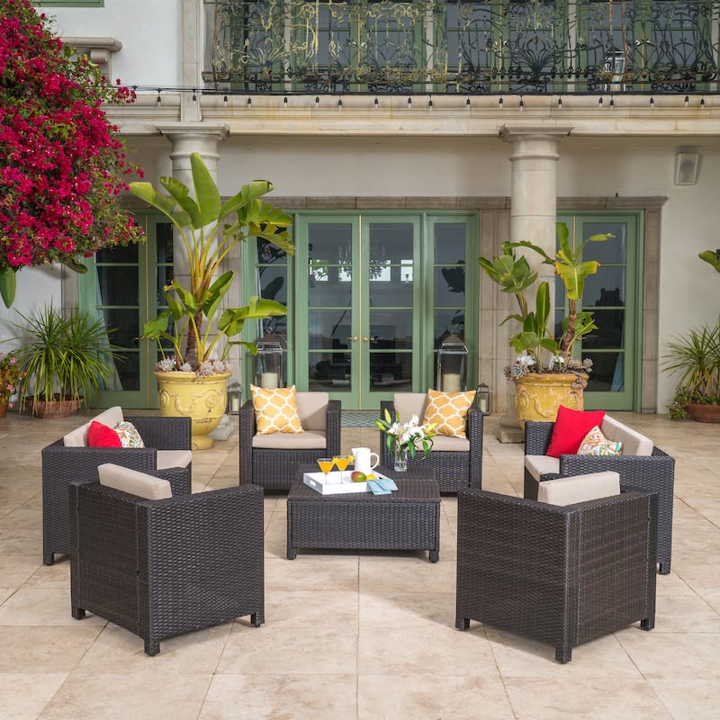 Puerta Outdoor 8-piece Wicker Sofa Chat Set with Cushions by Christopher Knight Home - Dark Brown + Beige