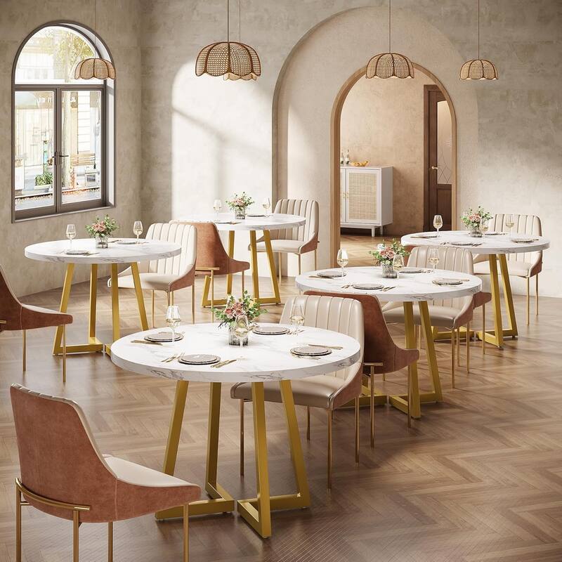 Square Dining Table Set, Industrial Dinner Table with Metal Base for Bar, Coffee Shop, Resturant - 6PCS-Round - White & Gold