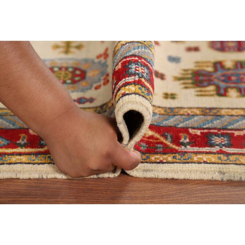 Traditional Kazak Foyer Rug Handmade Beige Geometric Wool Carpet - 3'4" x 4'11"