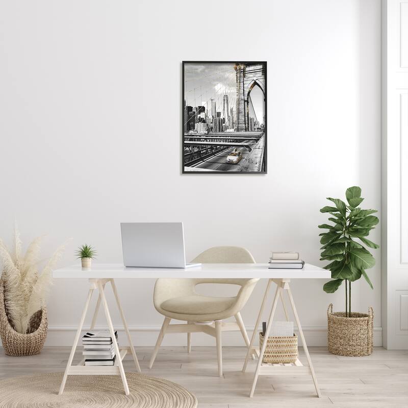 Stupell Brooklyn Bridge Urban City Architecture Taxi Driving Photography Framed Wall Art - Grey