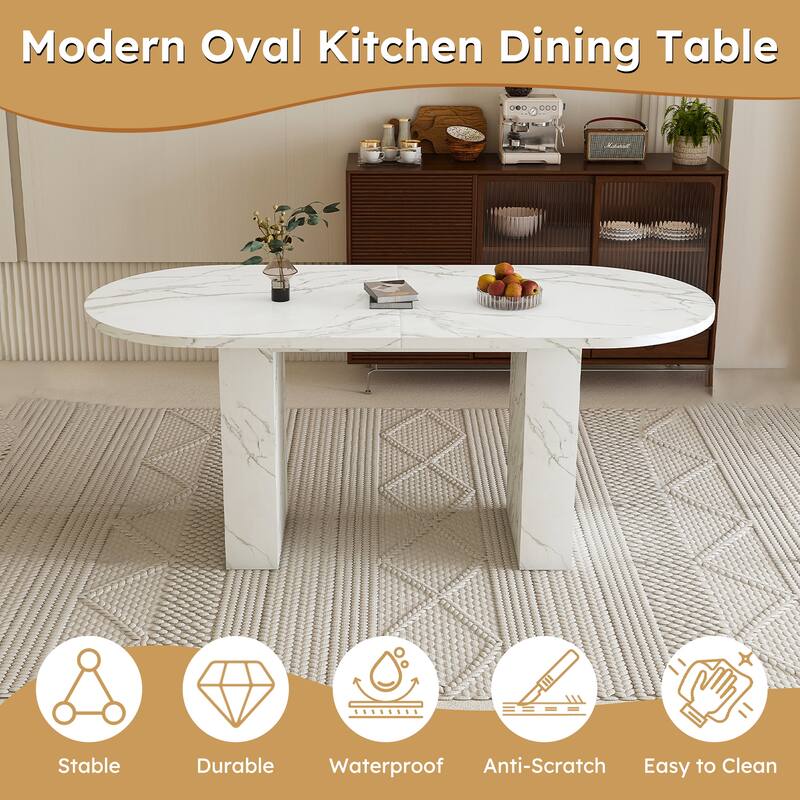 62.9" Oval Dining Table for 6: Farmhouse Kitchen Table with Wood Strip Base, Large Pedestal Dining Room Table
