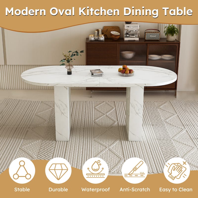 62.9 Inch Oval Dining Table for 6, Marble Top Kitchen Table with Wood Strip Base, Modern Farmhouse Dining Room Table