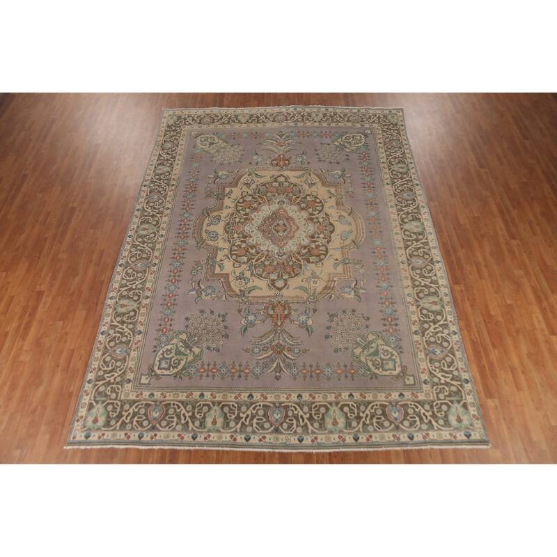 Gray Geometric Tabriz Persian Vintage Area Rug Handmade Wool Carpet - 9'10"x 12'11"