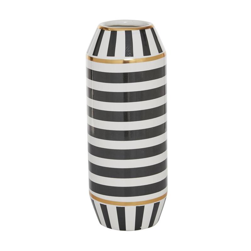Ceramic Striped Decorative Vase with White and Gold Accents - Black - Roche River Decor - Black - 5"W, 13"H