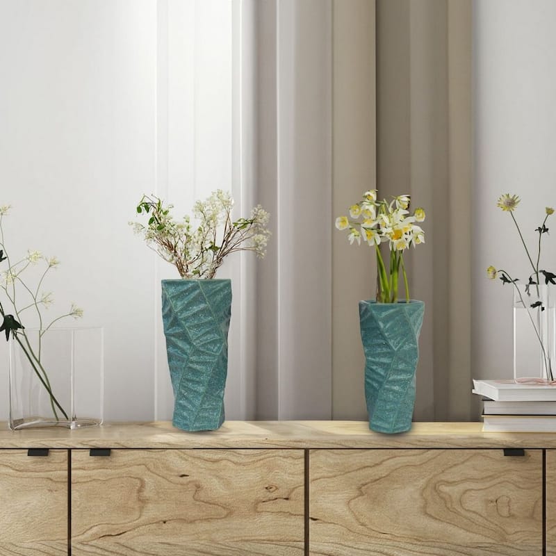 Set of Two Ceramic Teal Vases with 3D Triangle Pattern