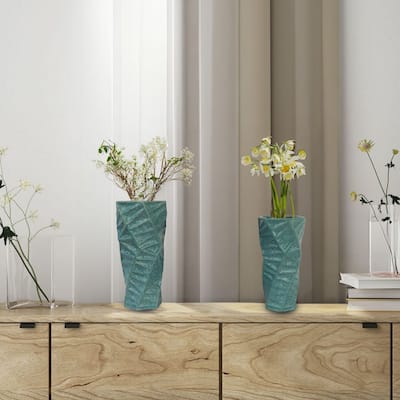 Set of Two Ceramic Teal Vases with 3D Triangle Pattern