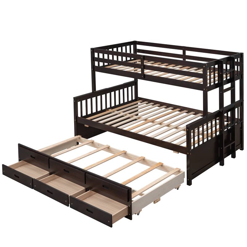 Twin-Over-Full Bunk Bed with Trundle and Drawers, Space-Saving Kids Bedroom Furniture in Espresso