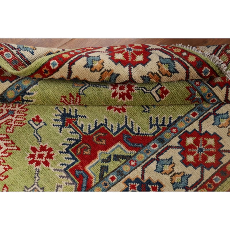 Pistachio Green Geometric Kazak Accent Rug Handmade Wool Carpet - 3'3" x 4'11"
