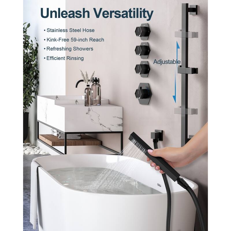 GRANDJOY Shower Faucet System 16 inch Ceiling Mount Shower Head 3 Spray Modes Handheld Spray with Slide Bar LED Music
