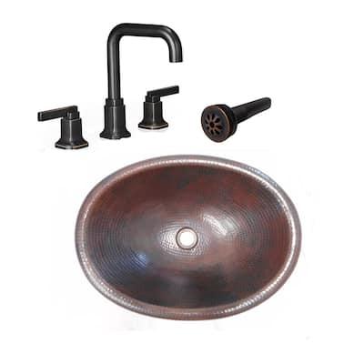 19" Oval Copper Drop In Bathroom Sink with Faucet & Drain - 19" x 14" x 5"