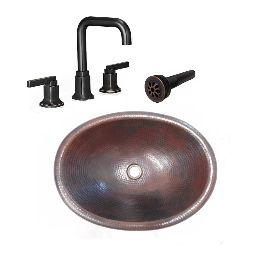 19" Oval Copper Drop In Bathroom Sink with Faucet & Drain - 19" x 14" x 5"