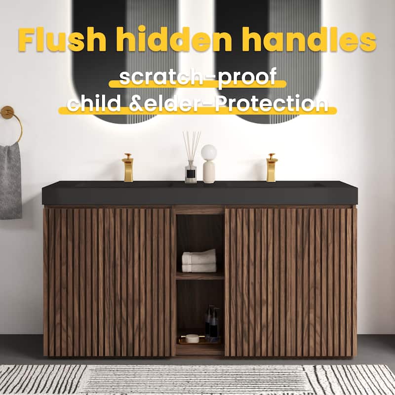 GDFStudio - Galan 60" Freestanding Bathroom Vanity with Quartz Sink, Solf Close Doors, Open Storage Shelf, NO Drain & Faucet