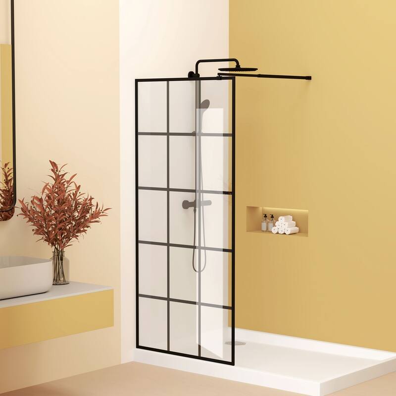 GDFStudio - Emerson Frameless Style Shower Screen with Silk-Printed Tempered Glass and Support Bar - 34" Width x 72"Height